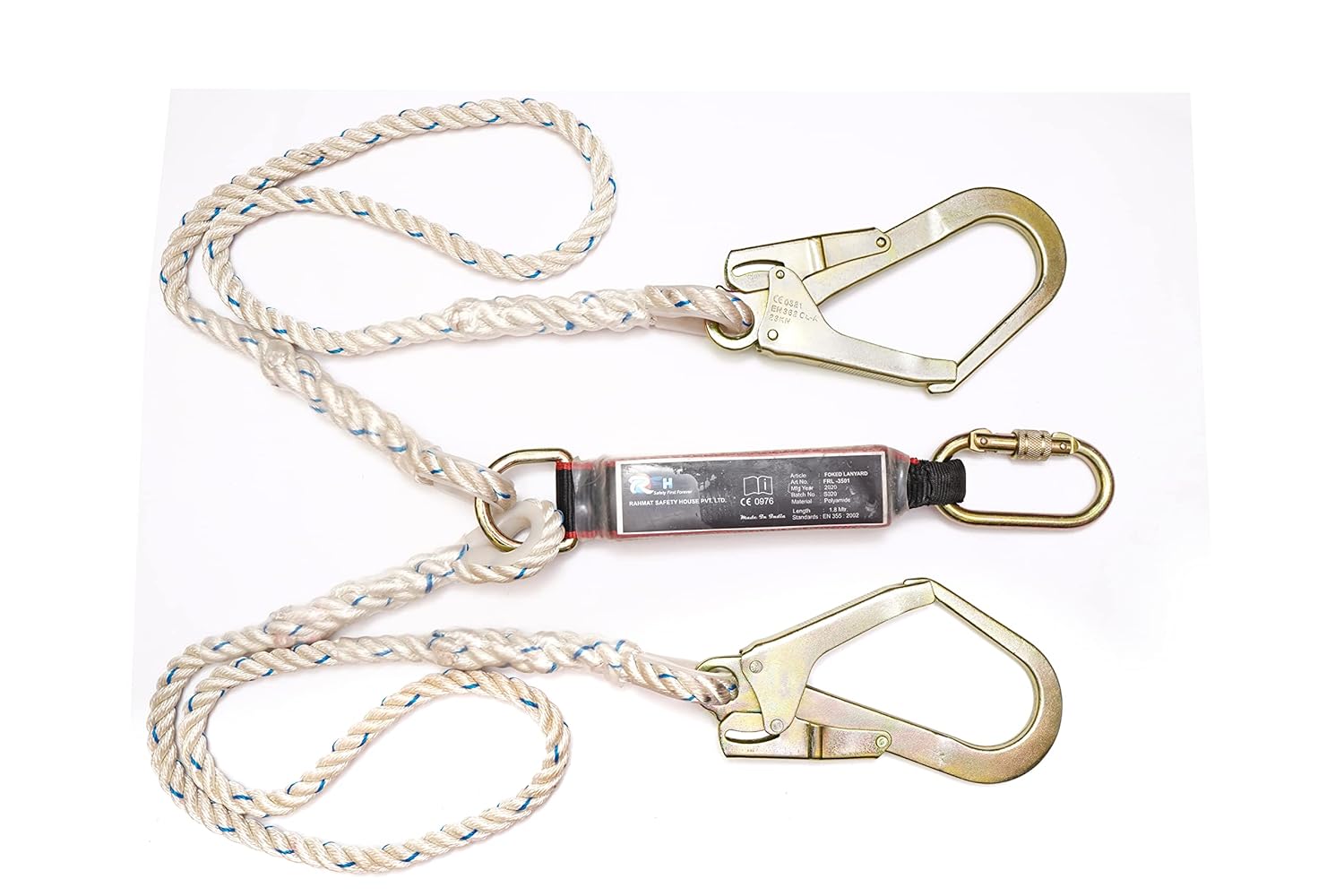 RAHMAT SAFETY HOUSE safety Fall Protection Double Lanyard Braided Rope with Shock Absorber Equipment fall from a height is Prevented or Restricted ,for Climbing Safety Protection.